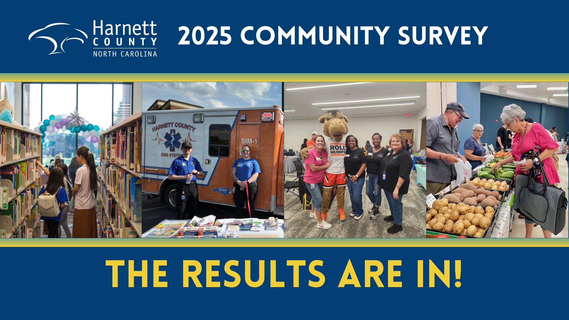 Title reads 2025 Community Survey the results are in. Includes 4 pictures and the County logo.