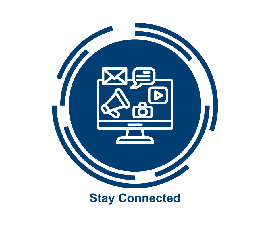 Stay Connected icon with email, thought bubble, camera, and laptop
