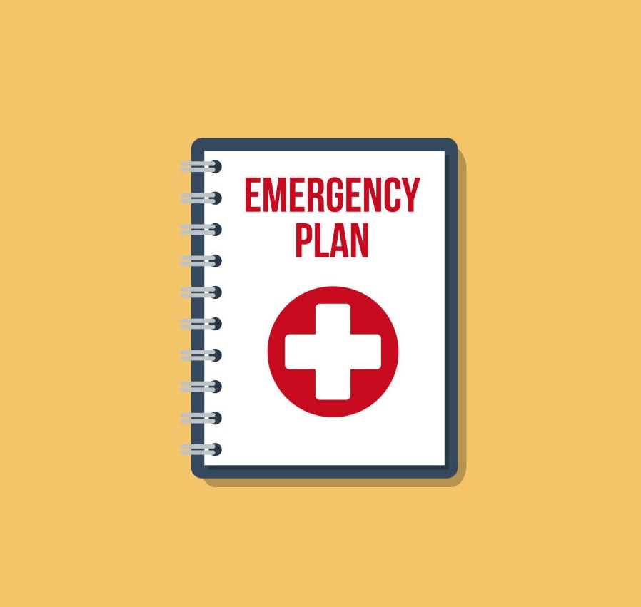 Graphic with yellow background and has a notebook with text that reads: Emergency Plan