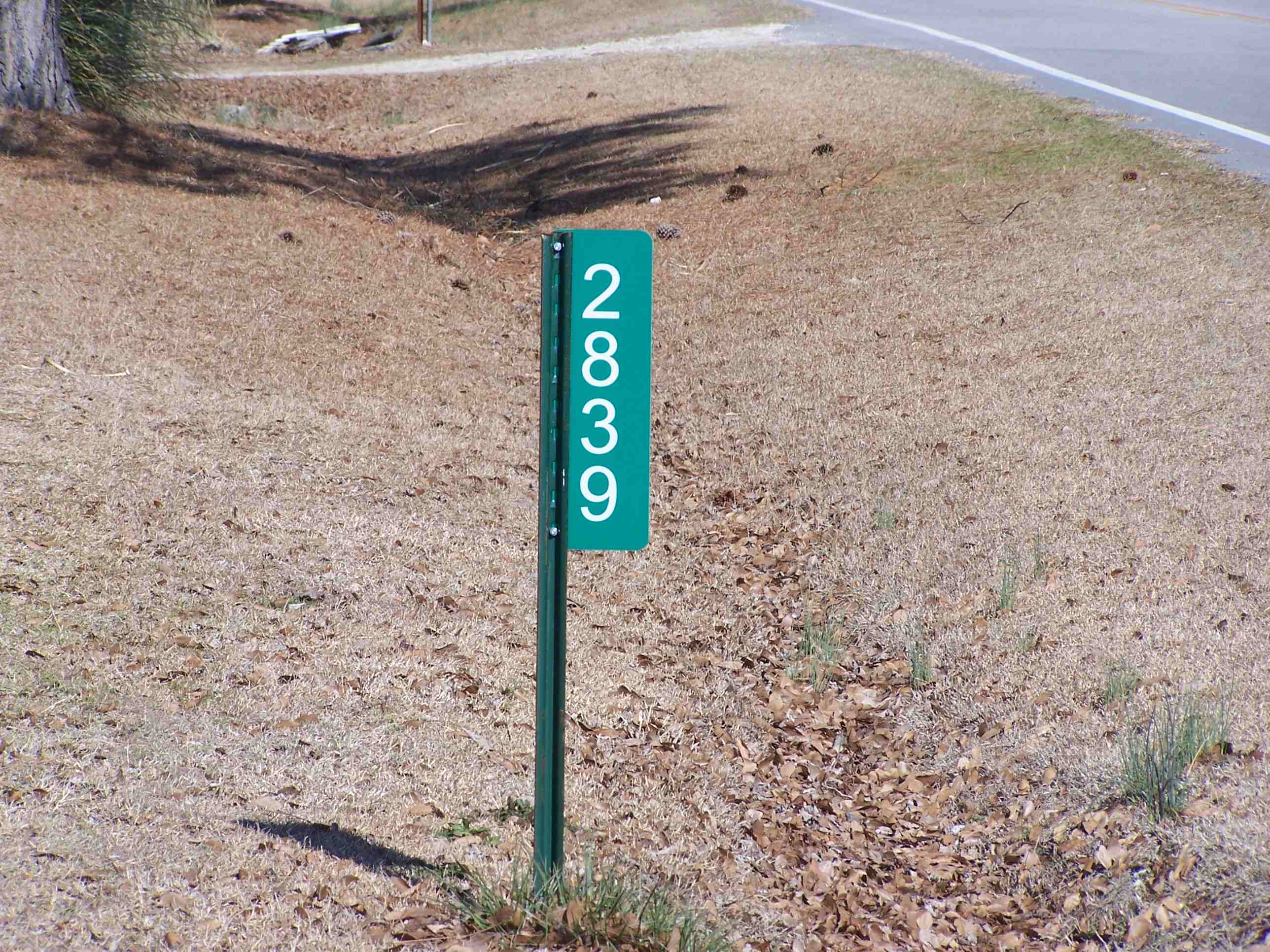 The focus is a green address sign in a trimmed grassy ditch. The address number is 2839