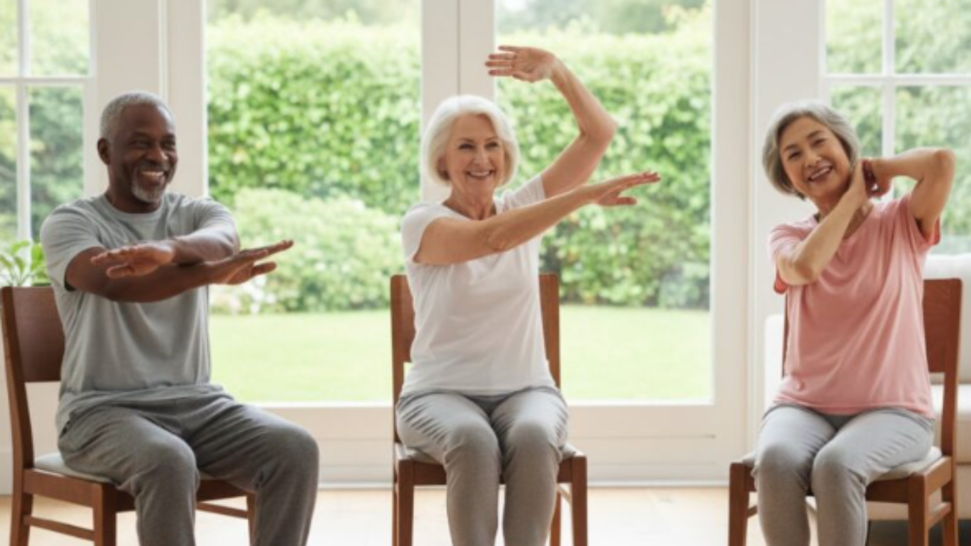 Three diverse older adults doing seated exercises