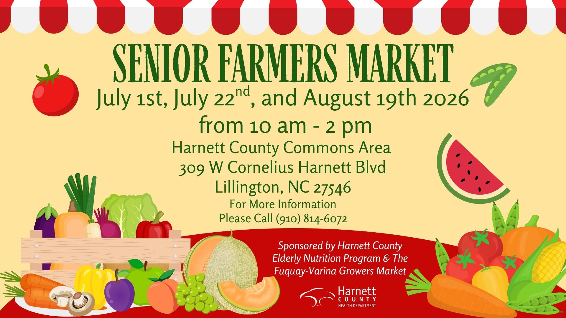 Cartoon image of fruits and vegetables with event details listed