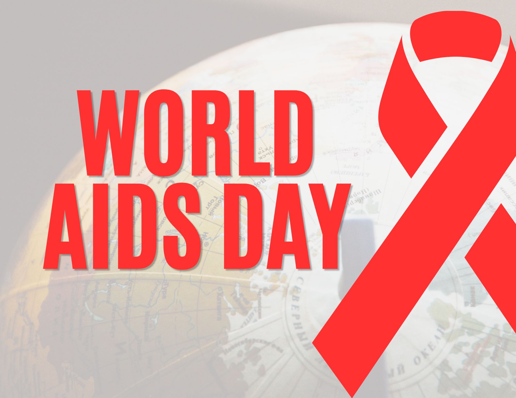 Red awareness ribbon symbol against a background of a photo close-up of a globe 