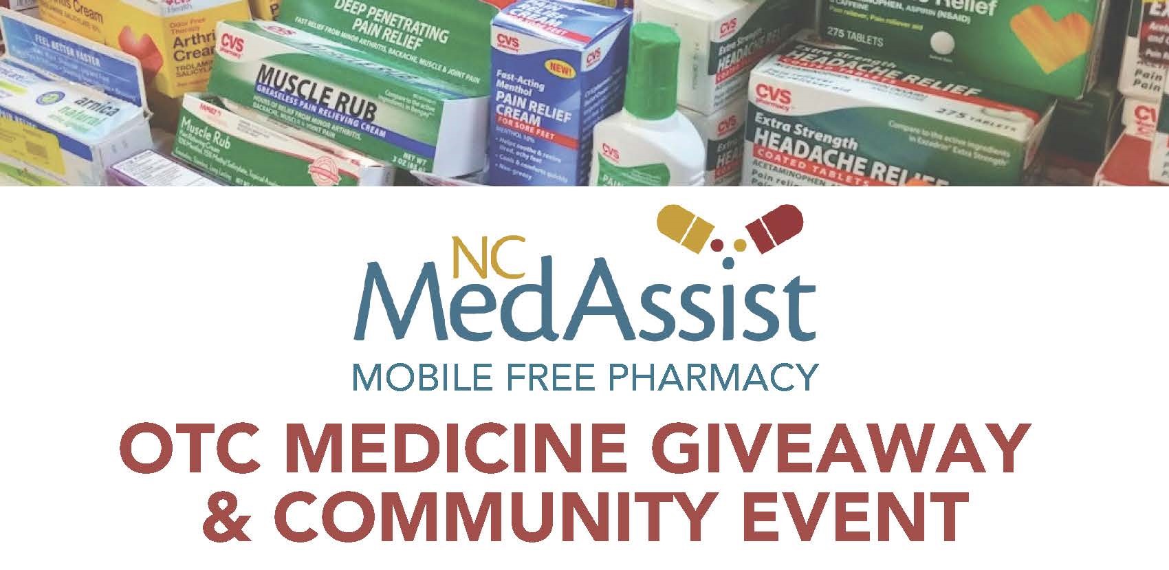 NC MedAssist Mobile Free Pharmacy text with picture of OTC medicines