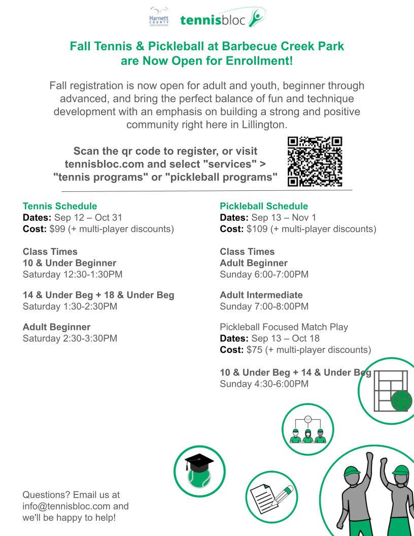 Pickleball & Tennis Clinics- Fall 2026- Barbecue Creek Park