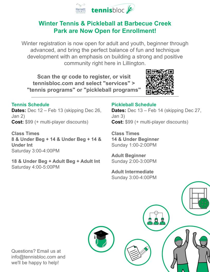 Pickleball & Tennis Clinics (Tennisbloc)- Winter 2026- Barbecue Creek Park