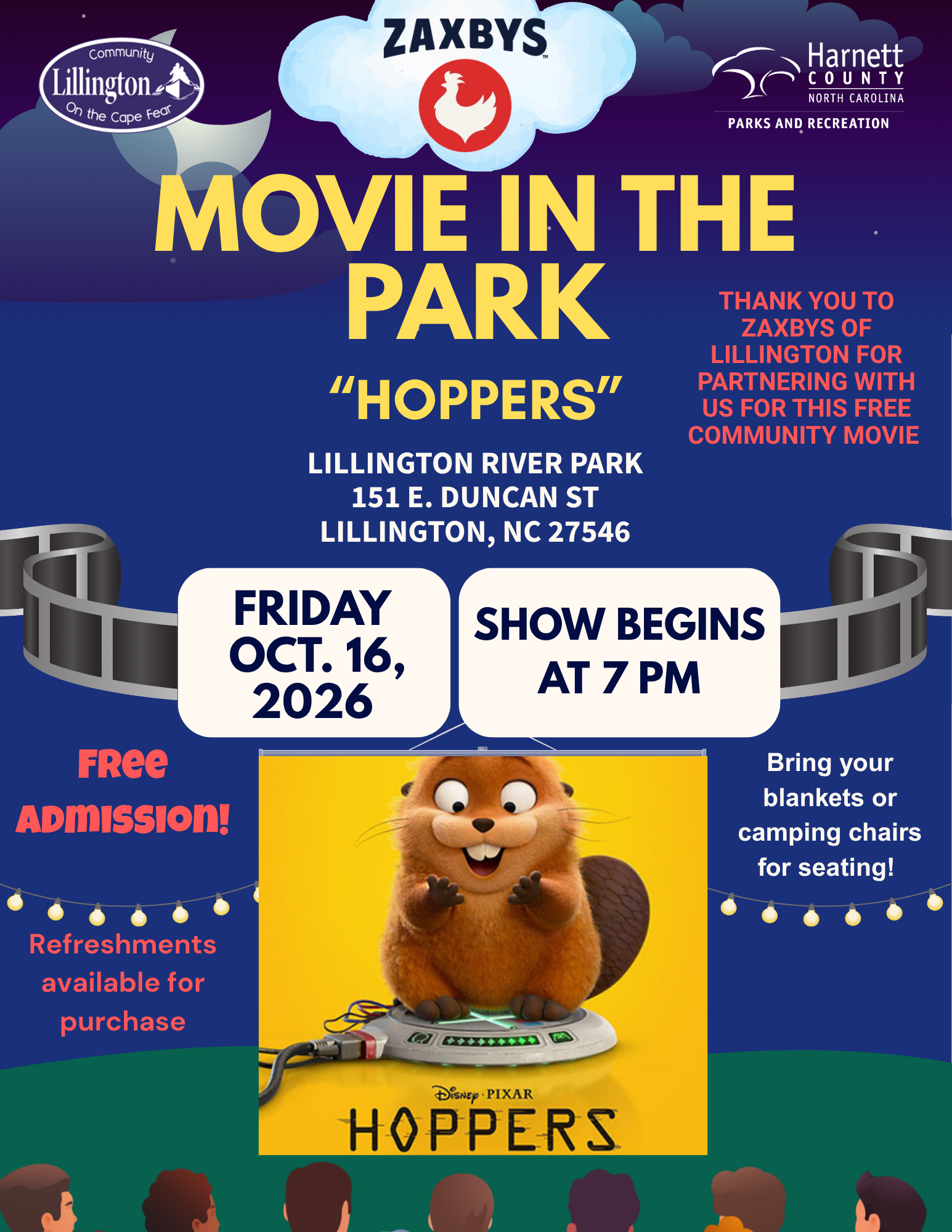 A graphic for outdoor movie at Lillington River Park on Oct. 16, 2026 at 6 PM. Film is 