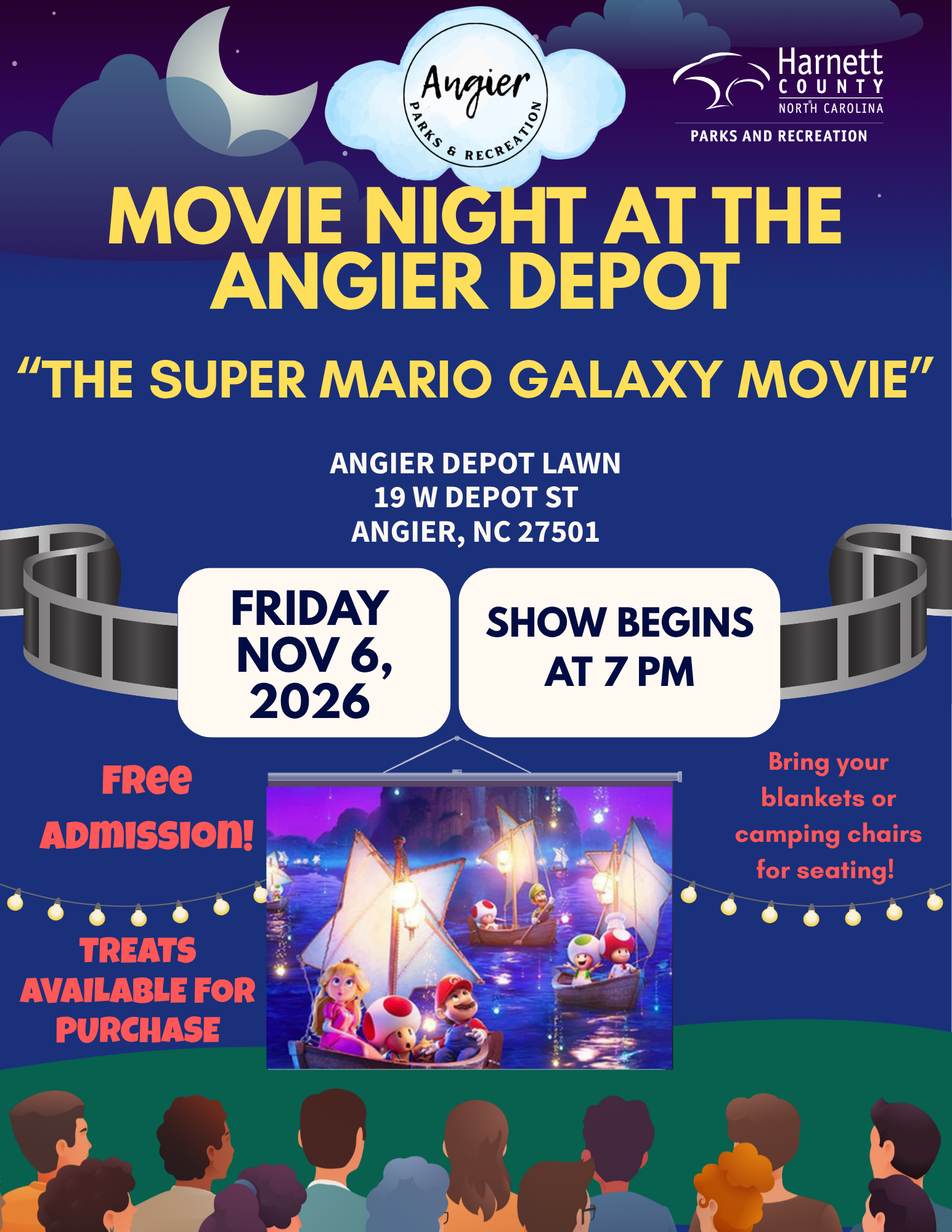 flyer with details for Movie Night at the Angier Depot for Nov 6, 2026 at 7 PM