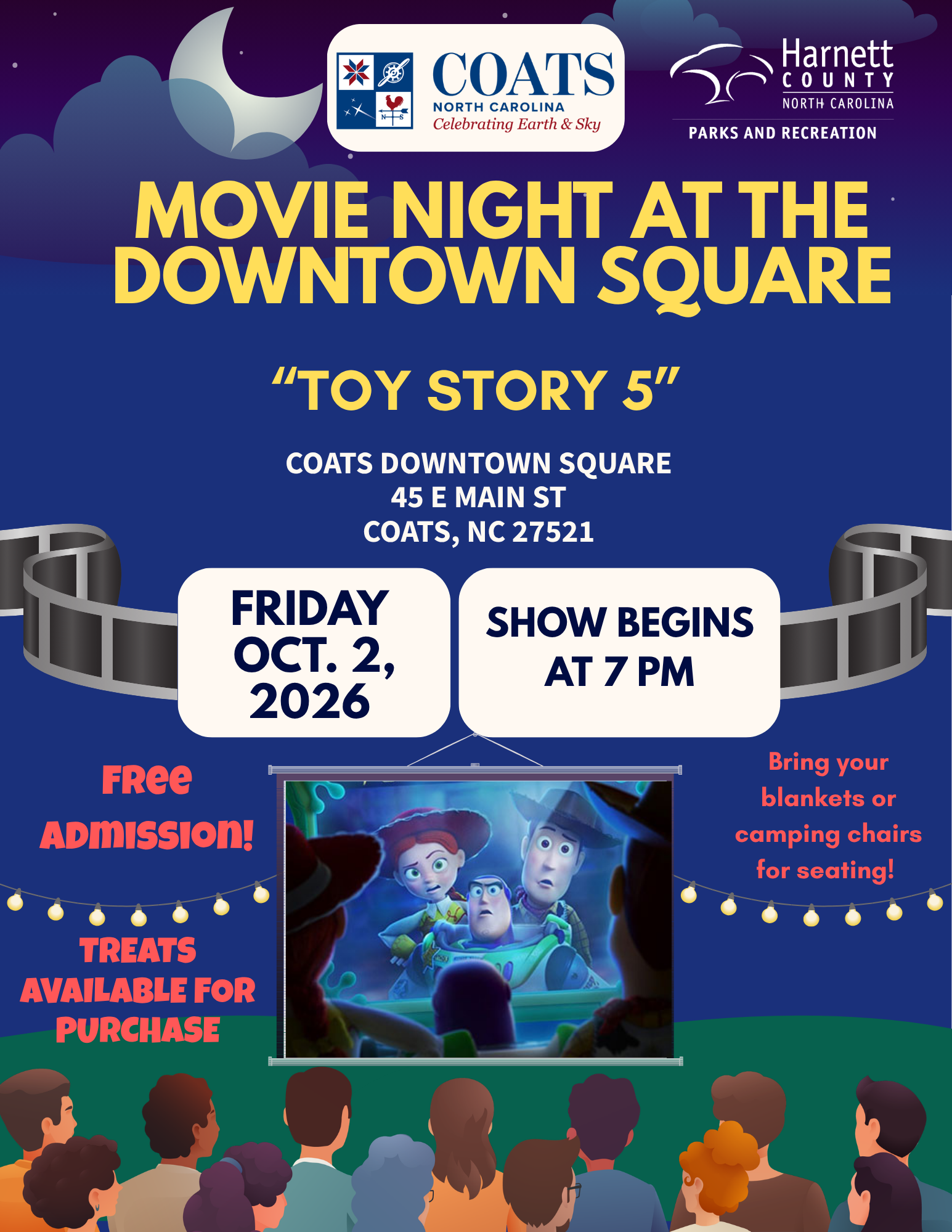 A graphic with the details for an outdoor family movie at the Coats Downtown Square on Oct. 2 at 7PM