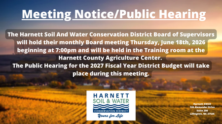 Harnett SWCD  Board meeting is June 18th at 7pm at the Ag Building