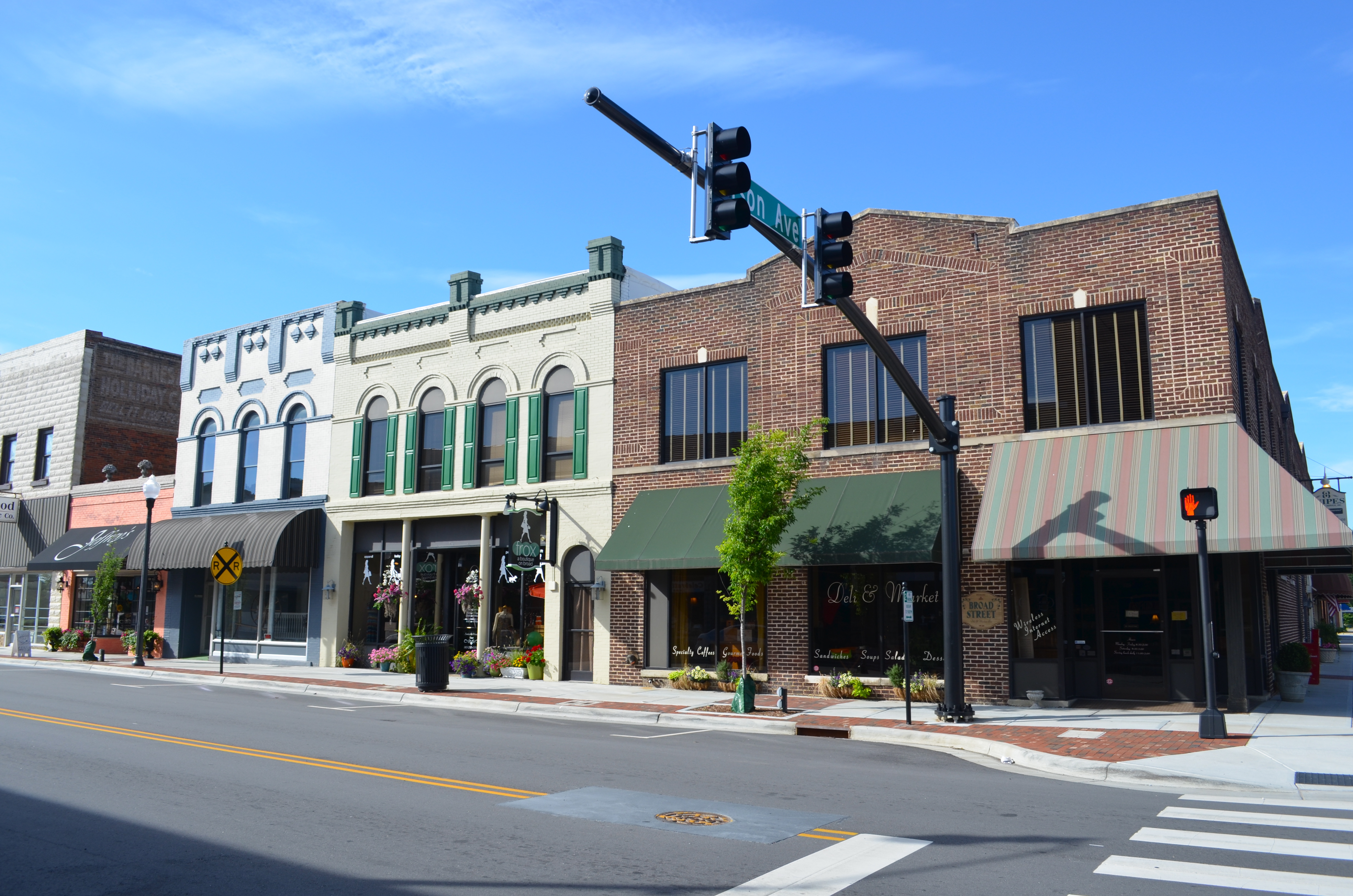 A photo of a street of businesses in Harnett County
