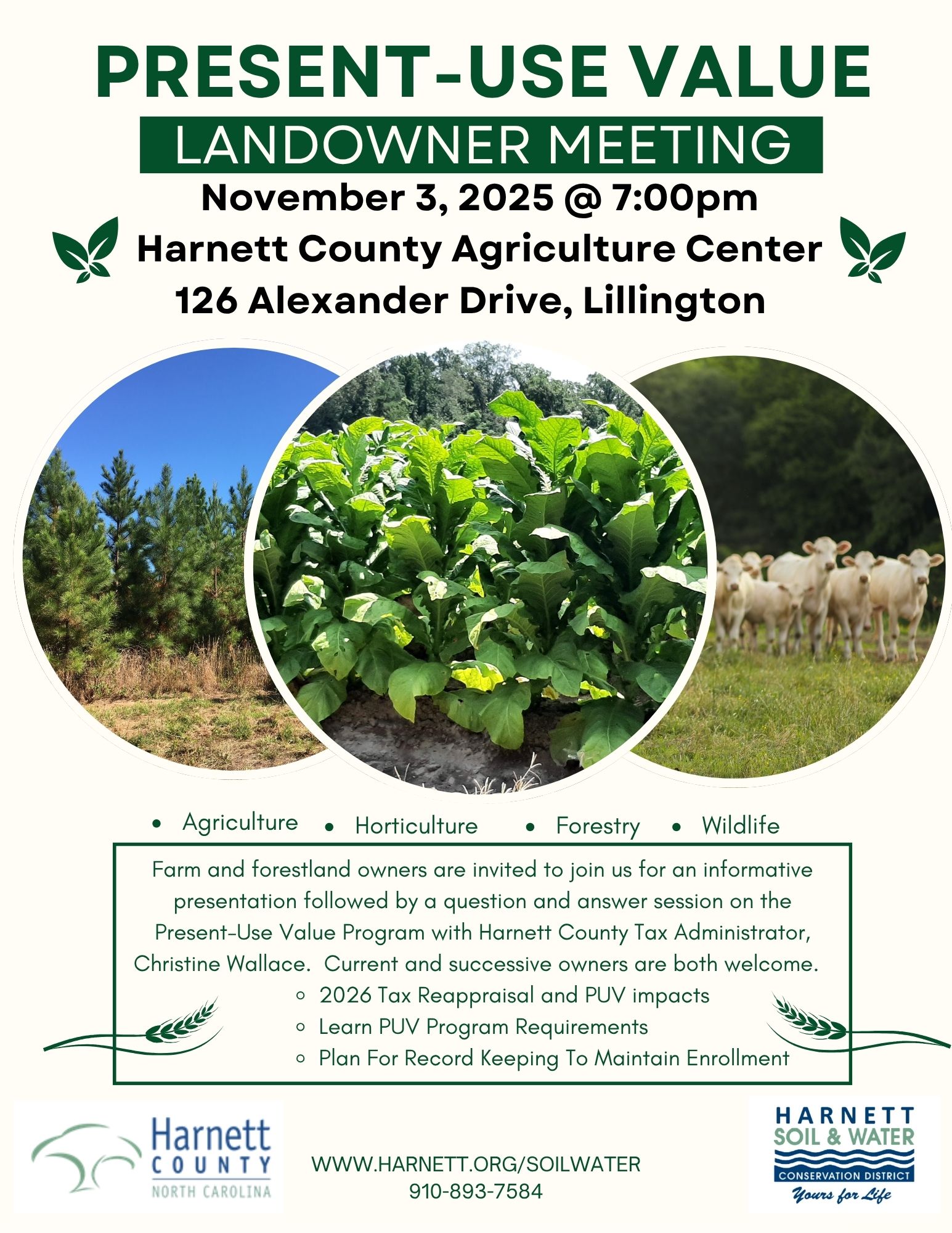 A flyer for a "Present-Use Value Landowner Meeting" on November 3, 2025