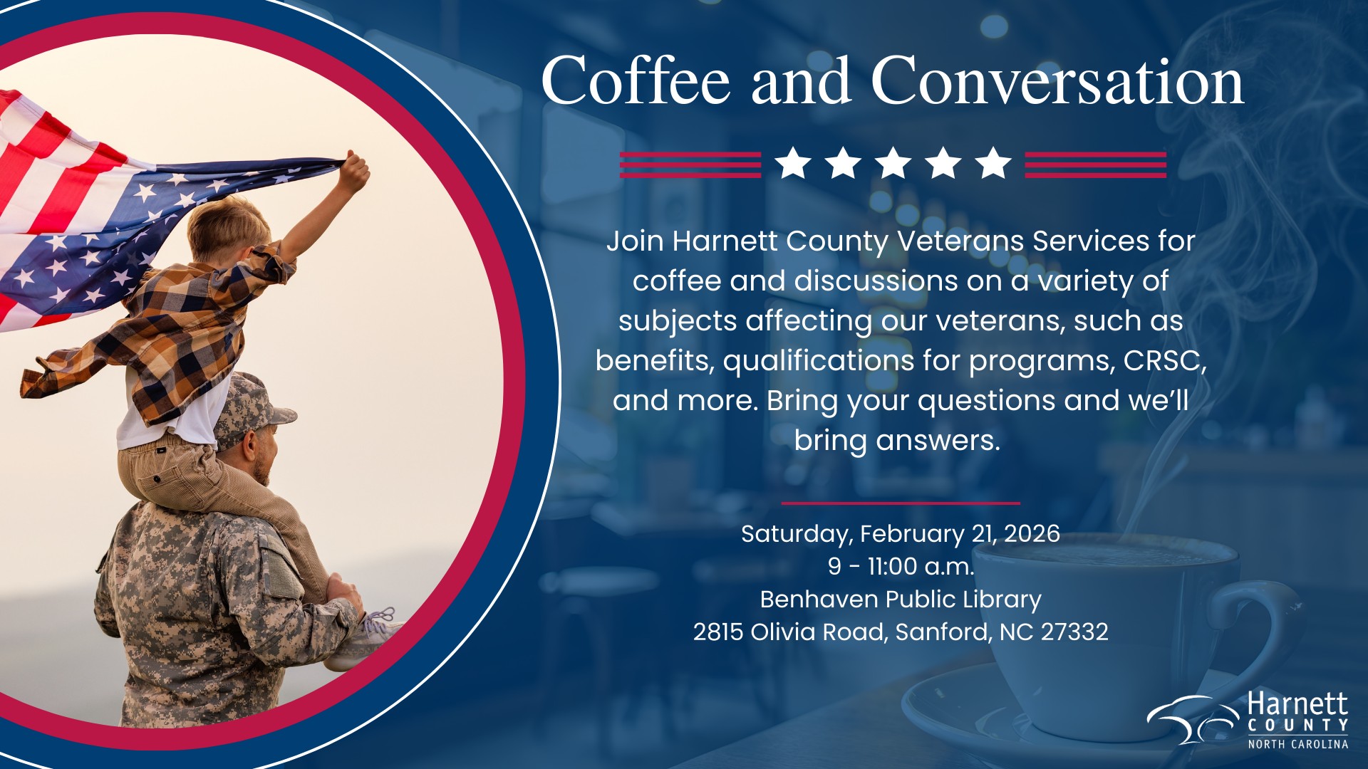 Military member with a boy on shoulder holding the USA flag flying in the air and event information